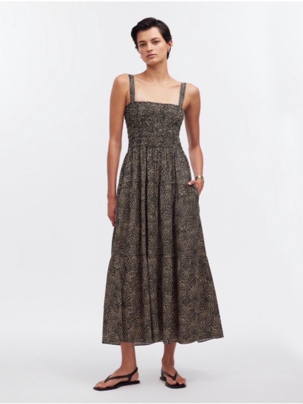 Madewell Smocked Strappy Maxi Dress in Black and Cream